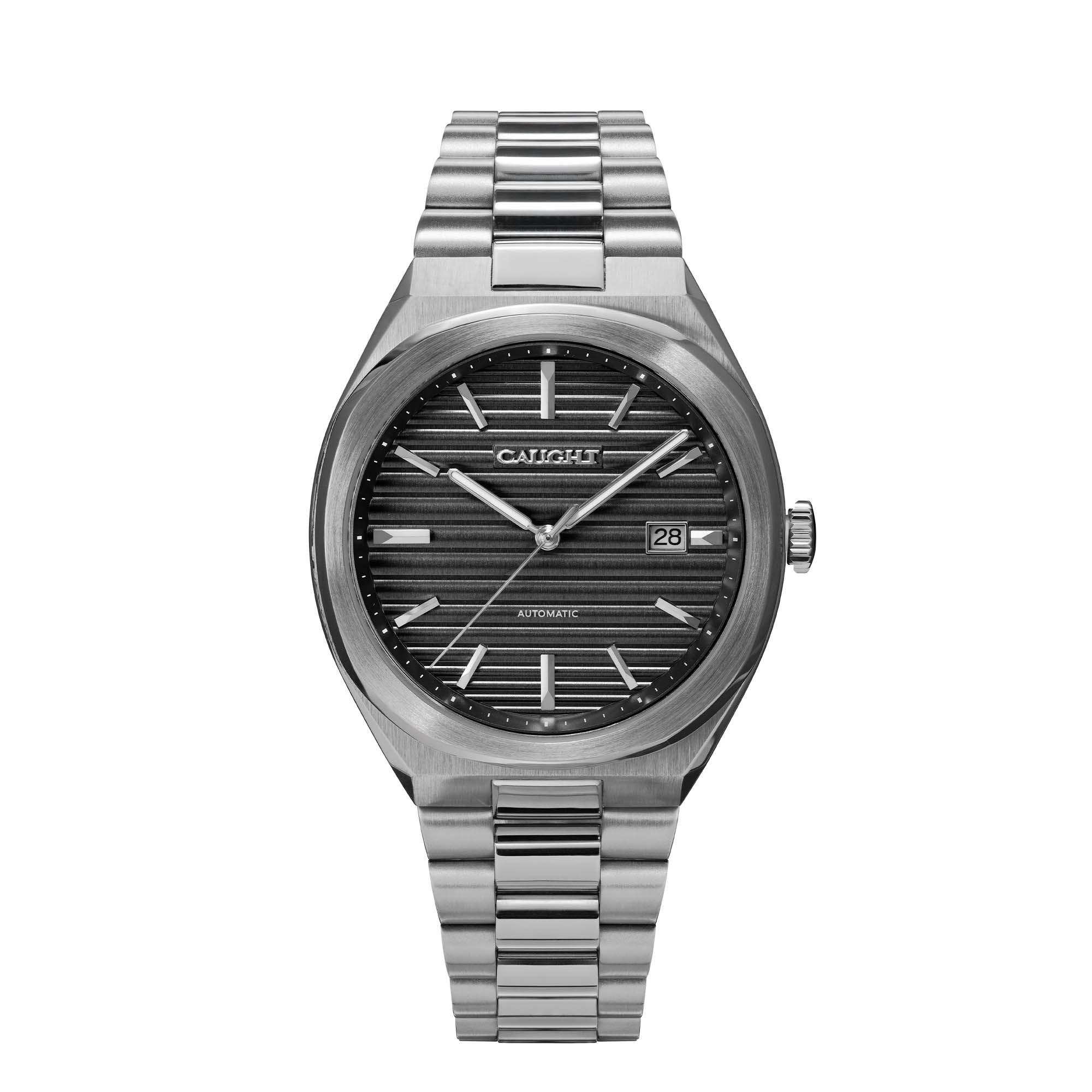 Epoch affordable vintage men wristwatch with a deep ridged black dial pattern and a steel bracelet.