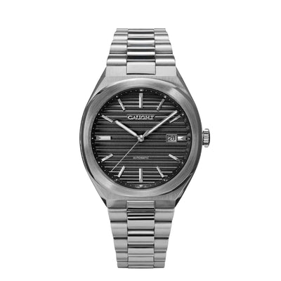 Epoch affordable vintage men wristwatch with a deep ridged black dial pattern and a steel bracelet.