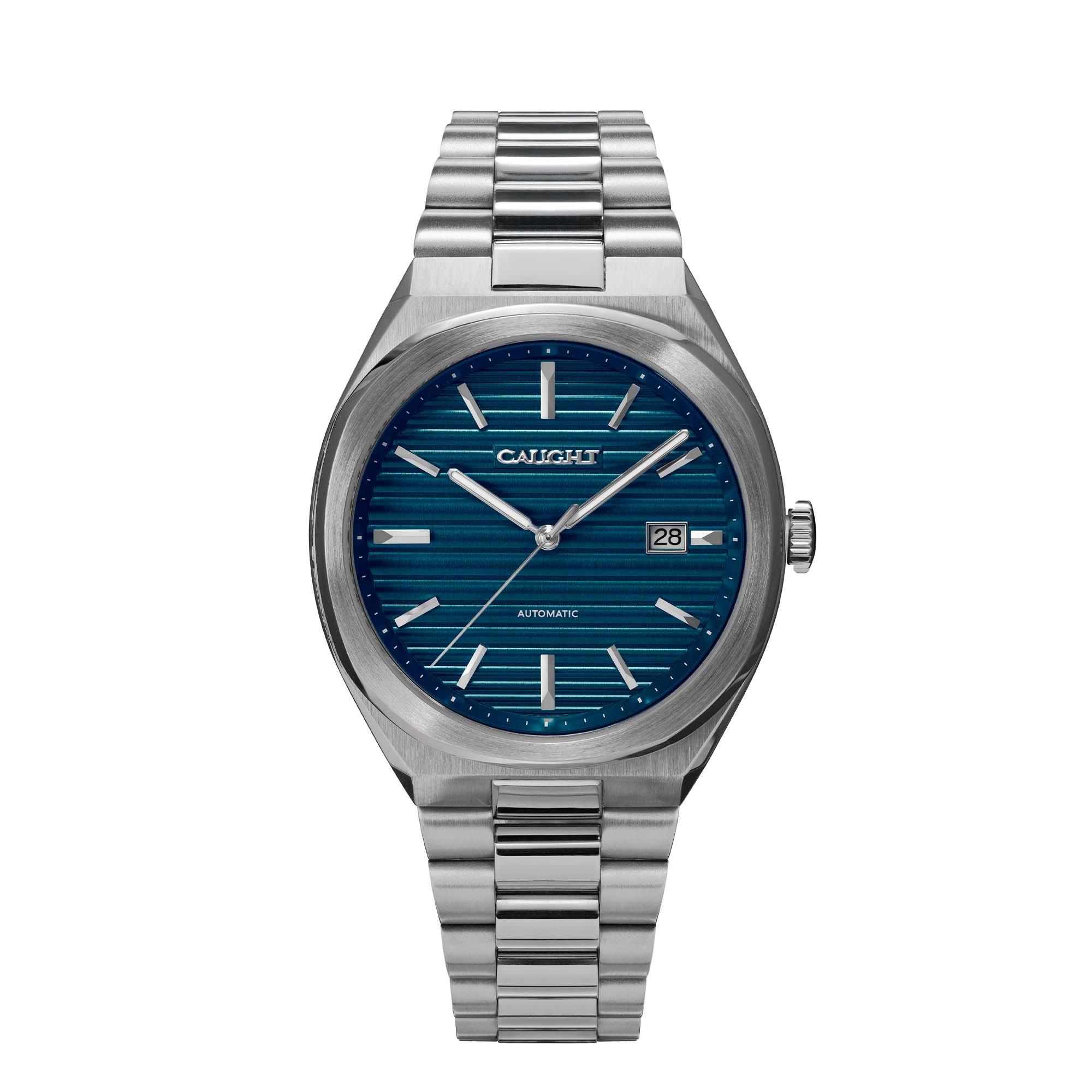 Epoch affordable vintage men wristwatch with a deep ridged deep blue dial pattern and a steel bracelet.