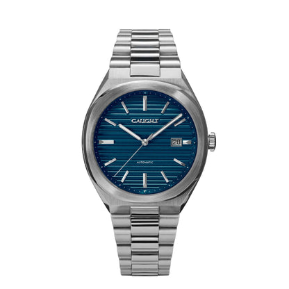 Epoch affordable vintage men wristwatch with a deep ridged deep blue dial pattern and a steel bracelet.