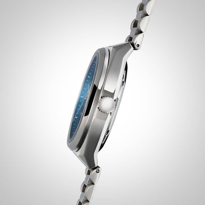 Epoch deep blue watch with polished crown and brushed stainless steel case