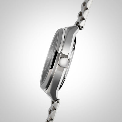 Epoch grey watch with polished crown and brushed stainless steel case