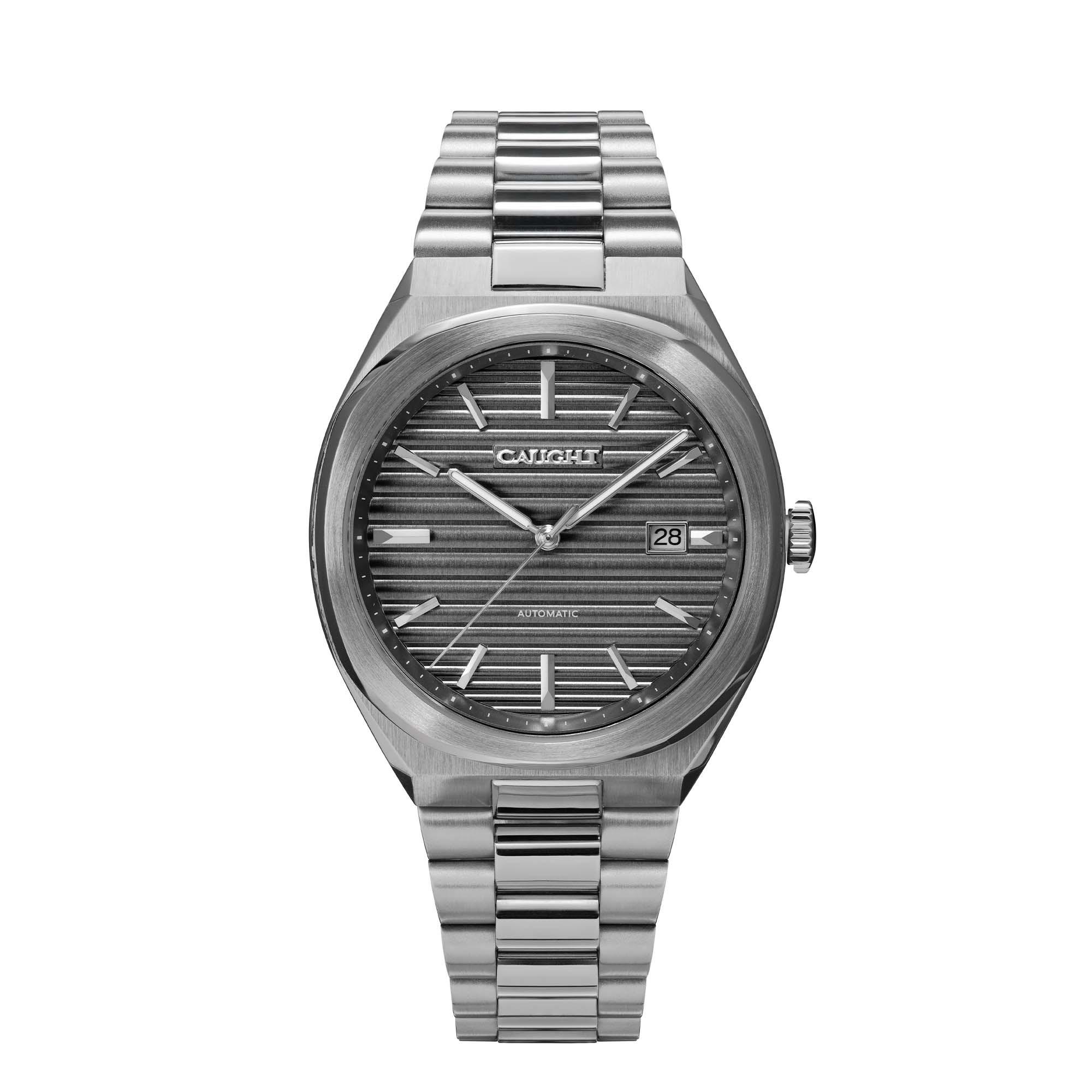 Epoch affordable vintage men wristwatch with a deep ridged cool grey dial pattern and a steel bracelet.