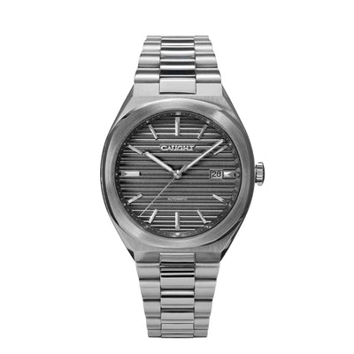 Epoch affordable vintage men wristwatch with a deep ridged cool grey dial pattern and a steel bracelet.