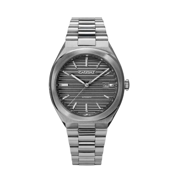 Epoch affordable vintage men wristwatch with a deep ridged cool grey dial pattern and a steel bracelet.
