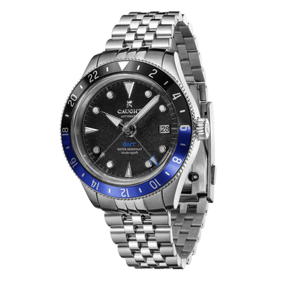 Nomad-Black/Blue GMT men's watch with silver steel bracelet, luxury design.