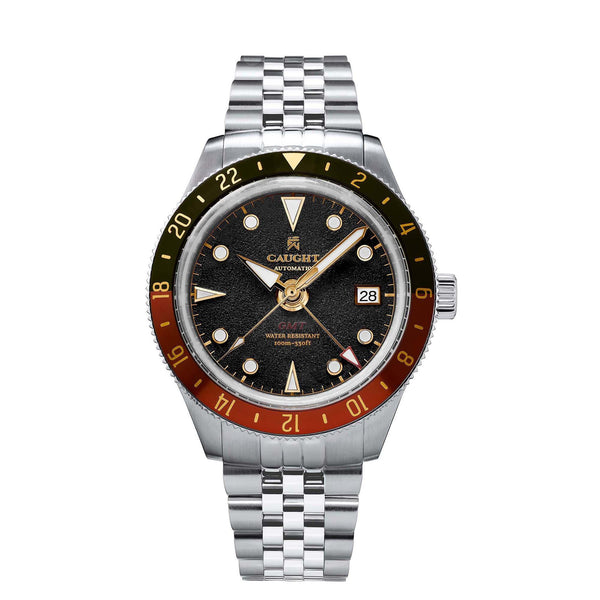 Nomad-Gold/Red GMT luxury watch for men with a silver steel bracelet under $200.