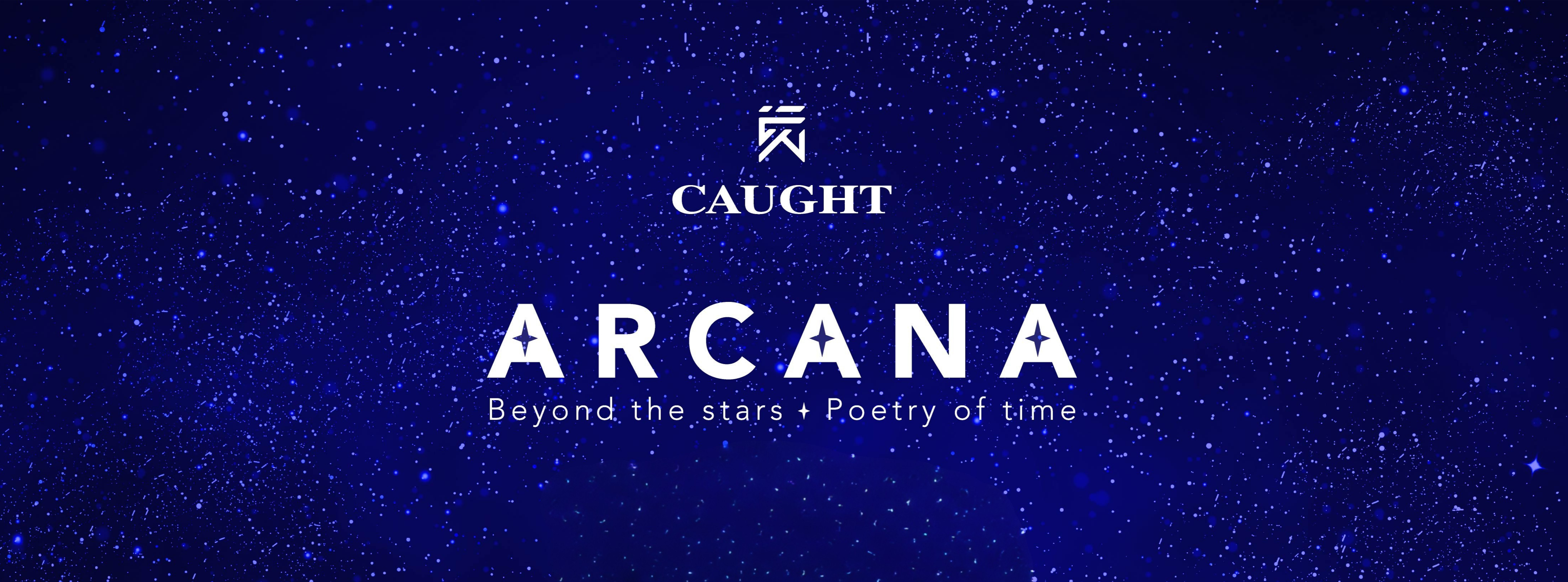 Dark blue background with Caught Arcana collection text and logo