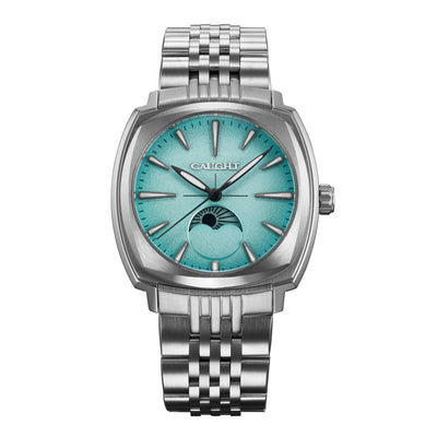 Lucent baby blue moonphase watch with rotating sun and moon disc, integrated stainless steel bracelet