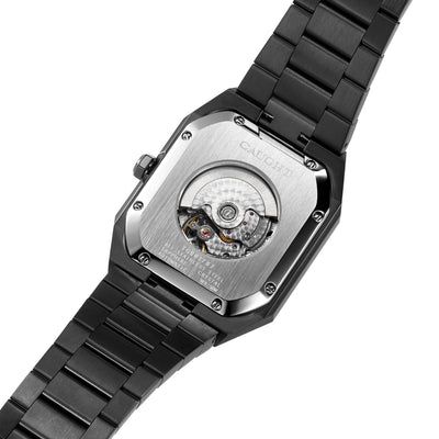 Exhibition case back of Monarch carbon black automatic watch revealing mechanical movement and rotor