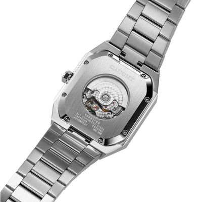 Exhibition case back of Monarch purple automatic watch revealing mechanical movement and rotor
