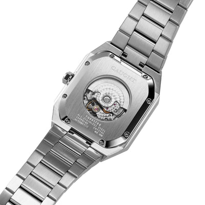 Exhibition case back of Monarch salmon automatic watch revealing mechanical movement and rotor