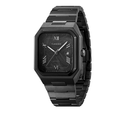 Monarch Carbon Black automatic watch featuring integrated bracelet and minimalist luxury styling