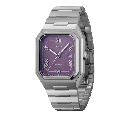 Monarch Purple automatic watch with integrated steel bracelet and refined geometric dial
