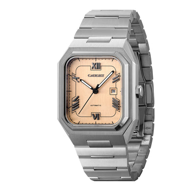 Monarch salmon automatic watch with integrated steel bracelet and vintage inspired dial tone