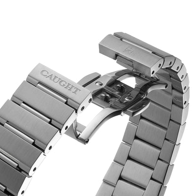 Brushed 316L stainless steel bracelet of Monarch purple automatic watch with butterfly clasp