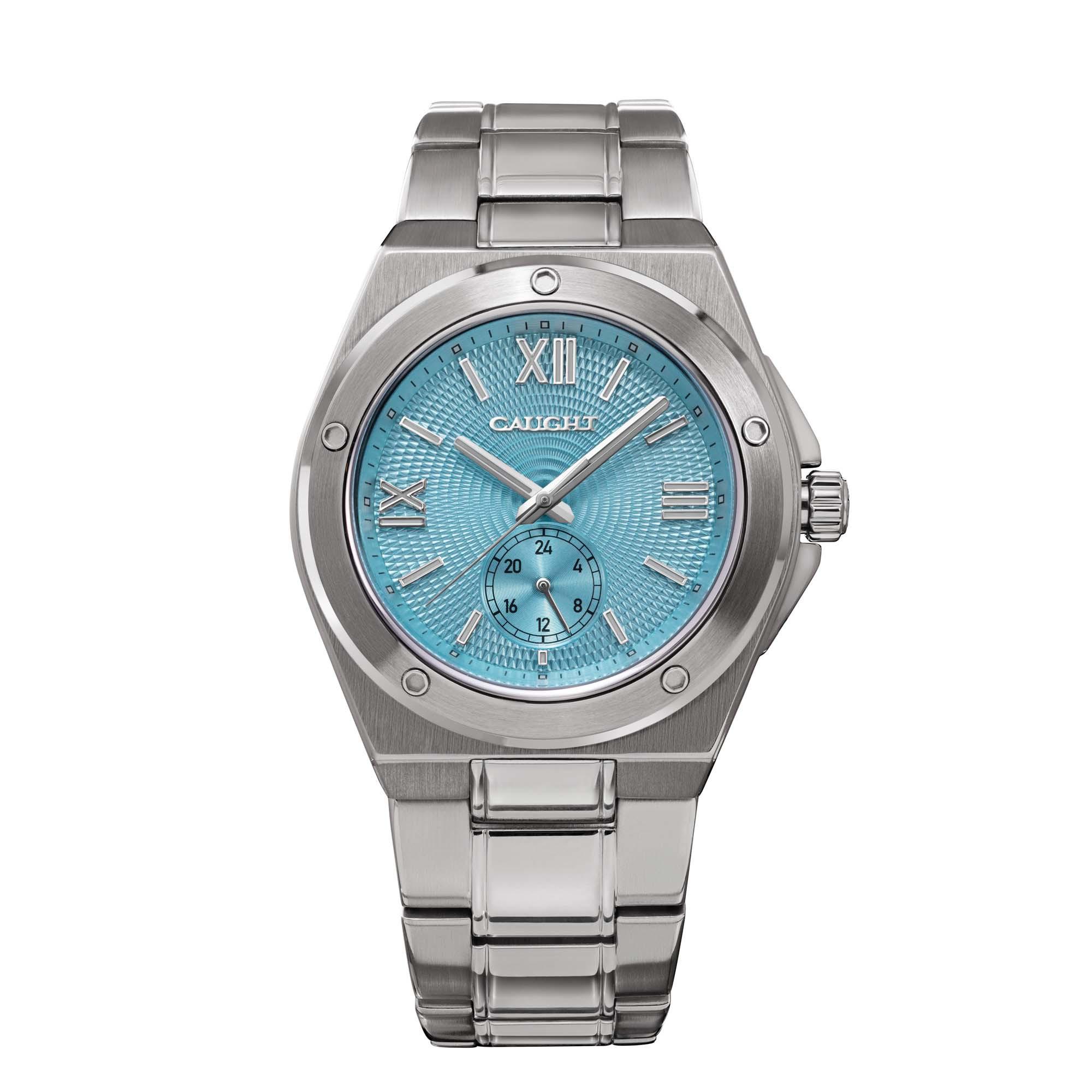 Pillarix watch, with a sophisticated design with a baby blue dial complemented by Roman numerals and a date display.