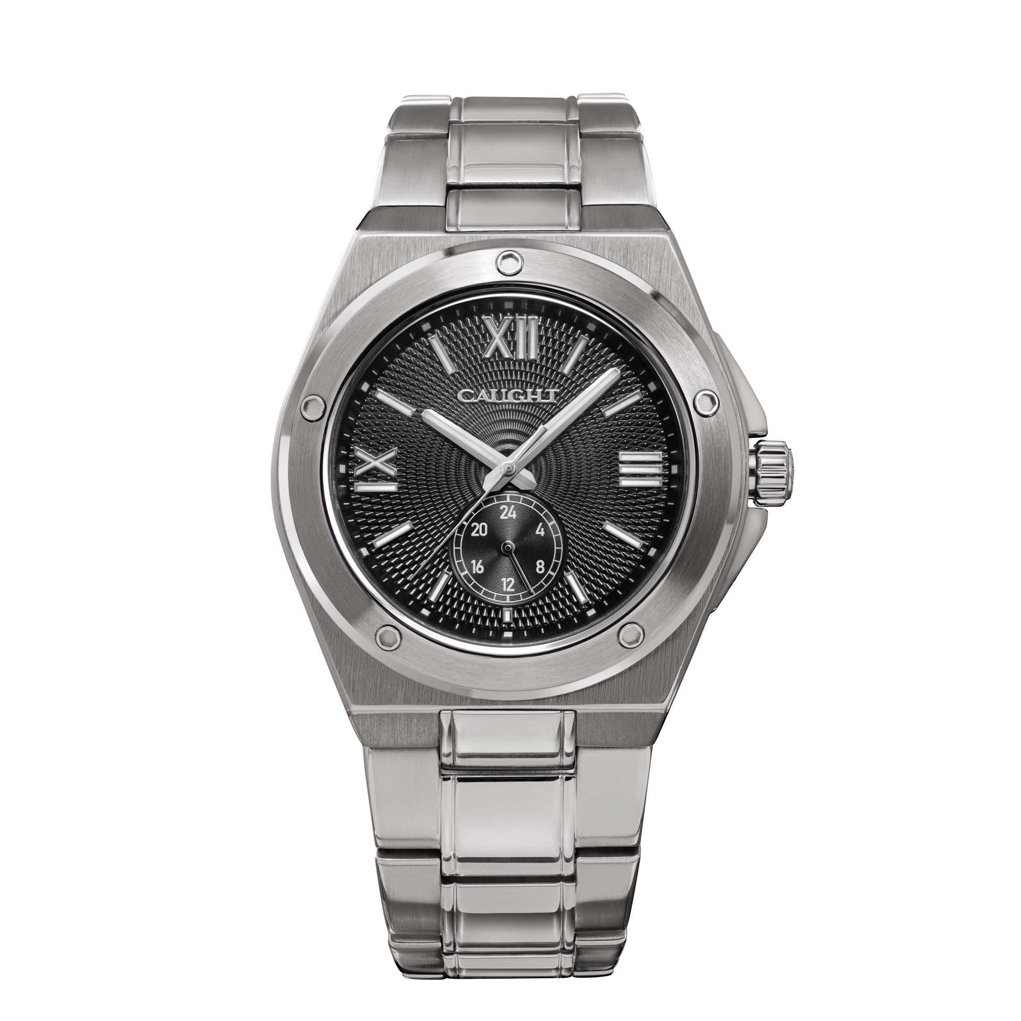 Pillarix watch, Displays a sophisticated design with a black dial complemented by Roman numerals and a date display.