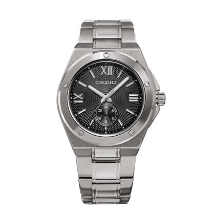 Pillarix watch, Displays a sophisticated design with a black dial complemented by Roman numerals and a date display.