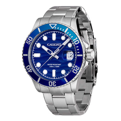 Sea Voyager dive watch with a blue dial, stainless steel strap