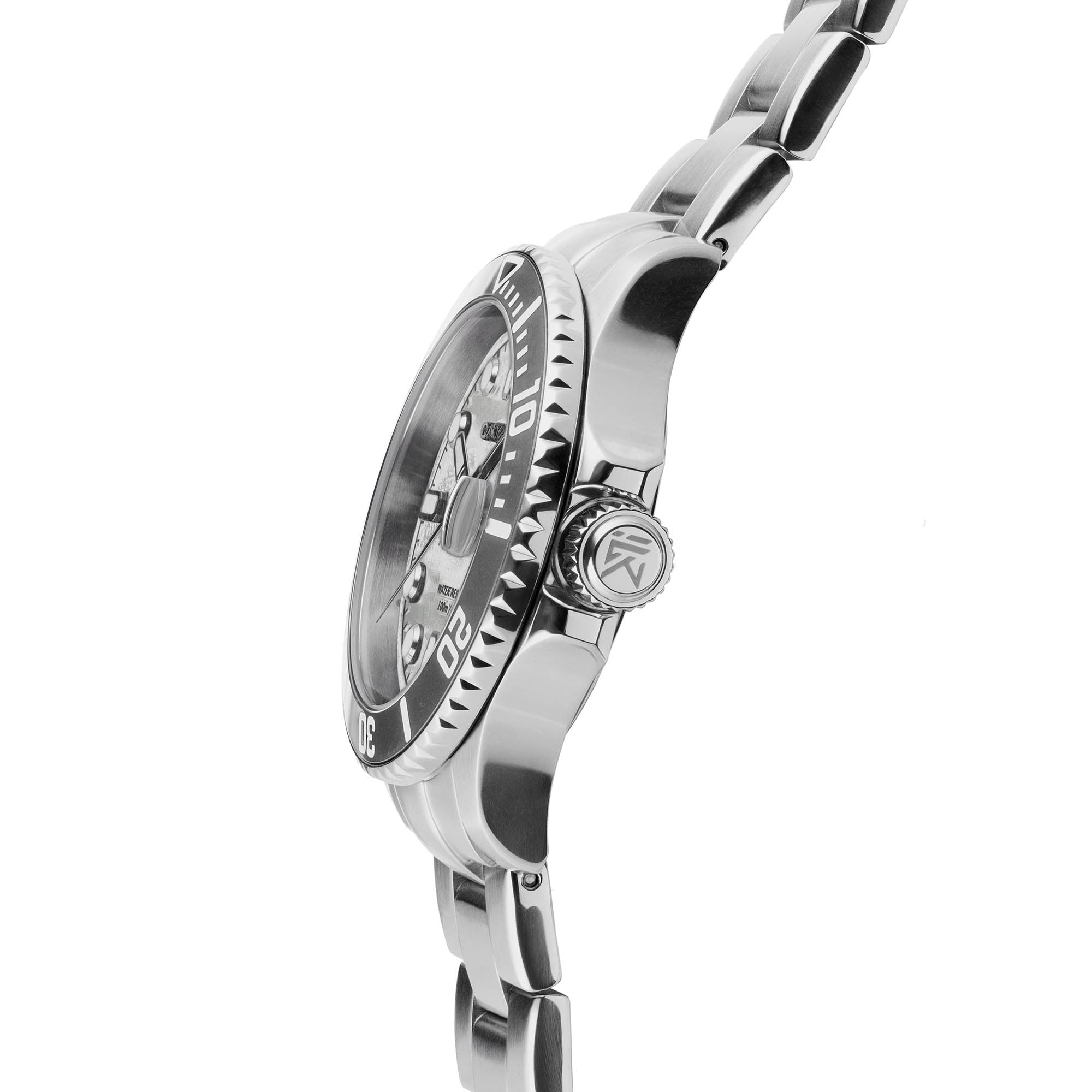Silver dial men’s watch side with screw crown affordable stainless steel watch.
