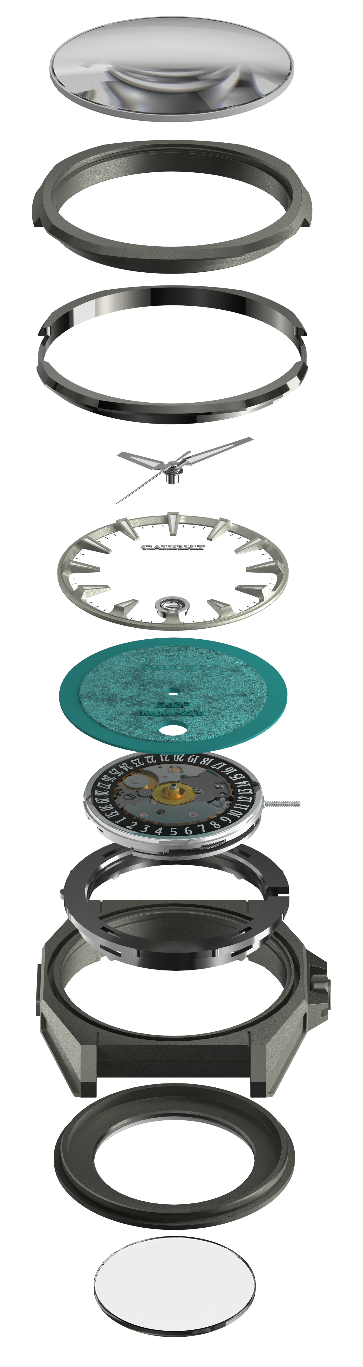Exploded construction view of the CAUGHT EXOP watch