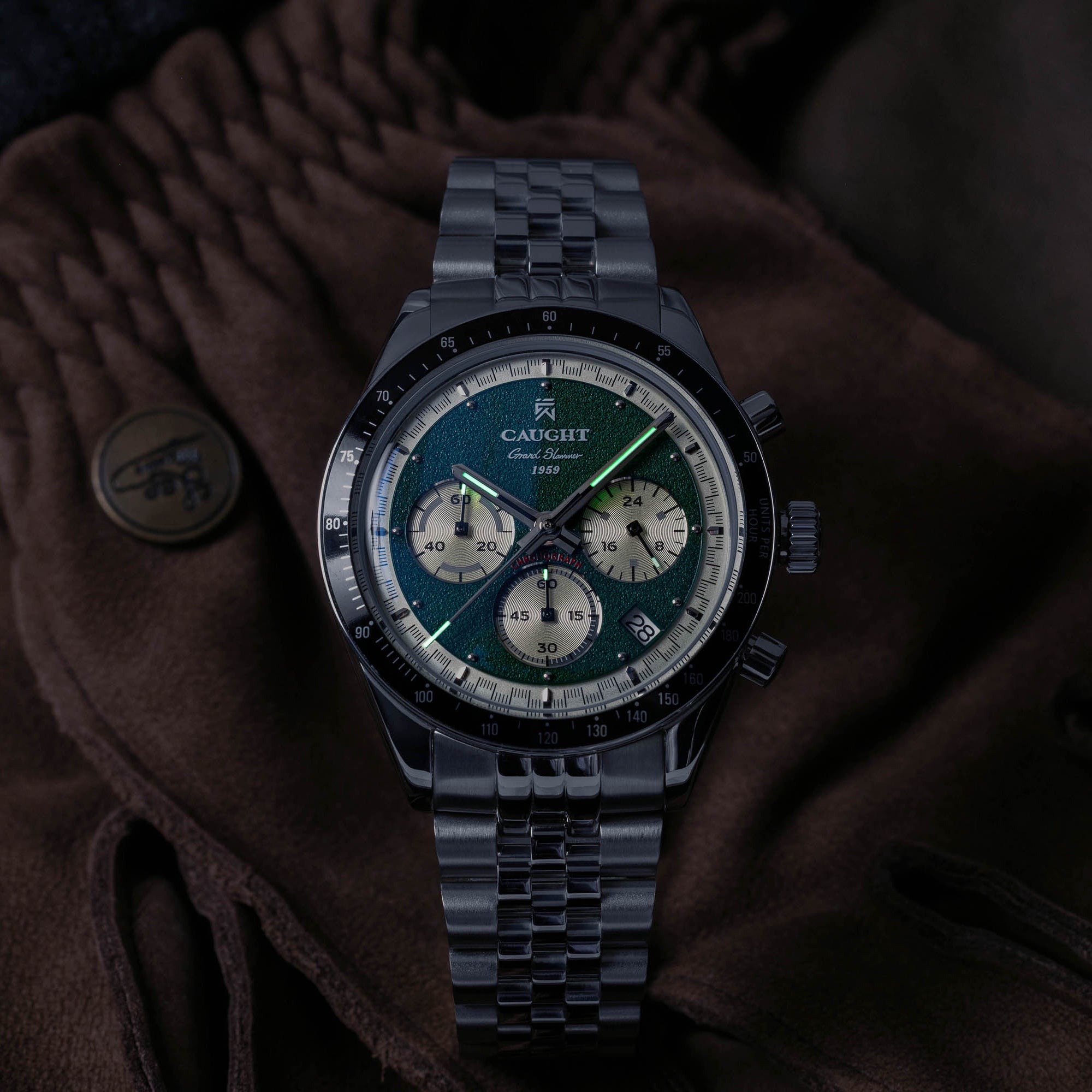 CAUGHT Grand Slammer Green Dial Watch – Luminous Hands At Night
