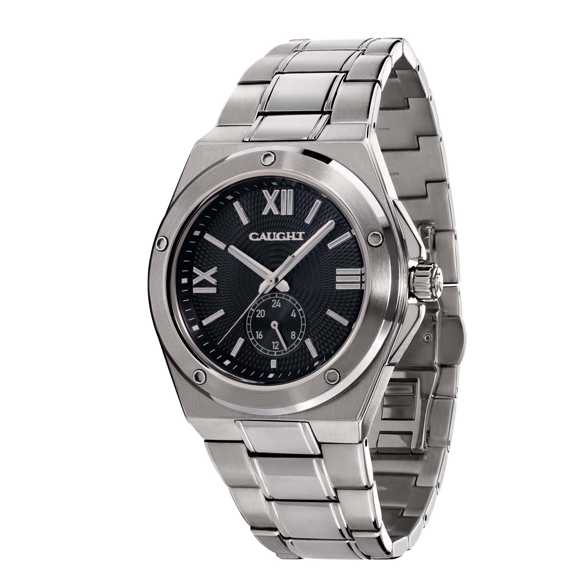 Pillarix watch, multi-layer guilloché pattern dial, silver Roman numerals, and practical date display, with polished stainless steel bracelet.