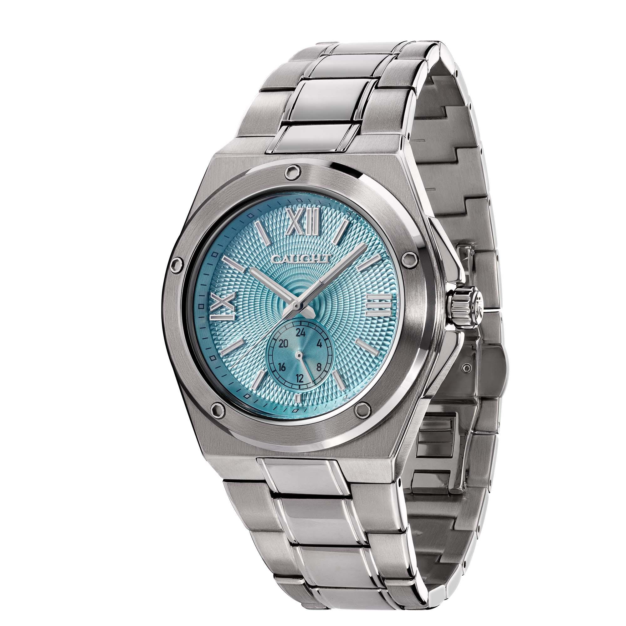 Pillarix luxury watch with baby blue dial, Roman numerals, and date display on a silver stainless steel bracelet.
