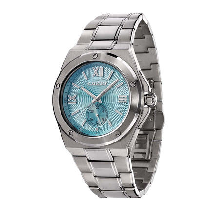 Pillarix luxury watch with baby blue dial, Roman numerals, and date display on a silver stainless steel bracelet.
