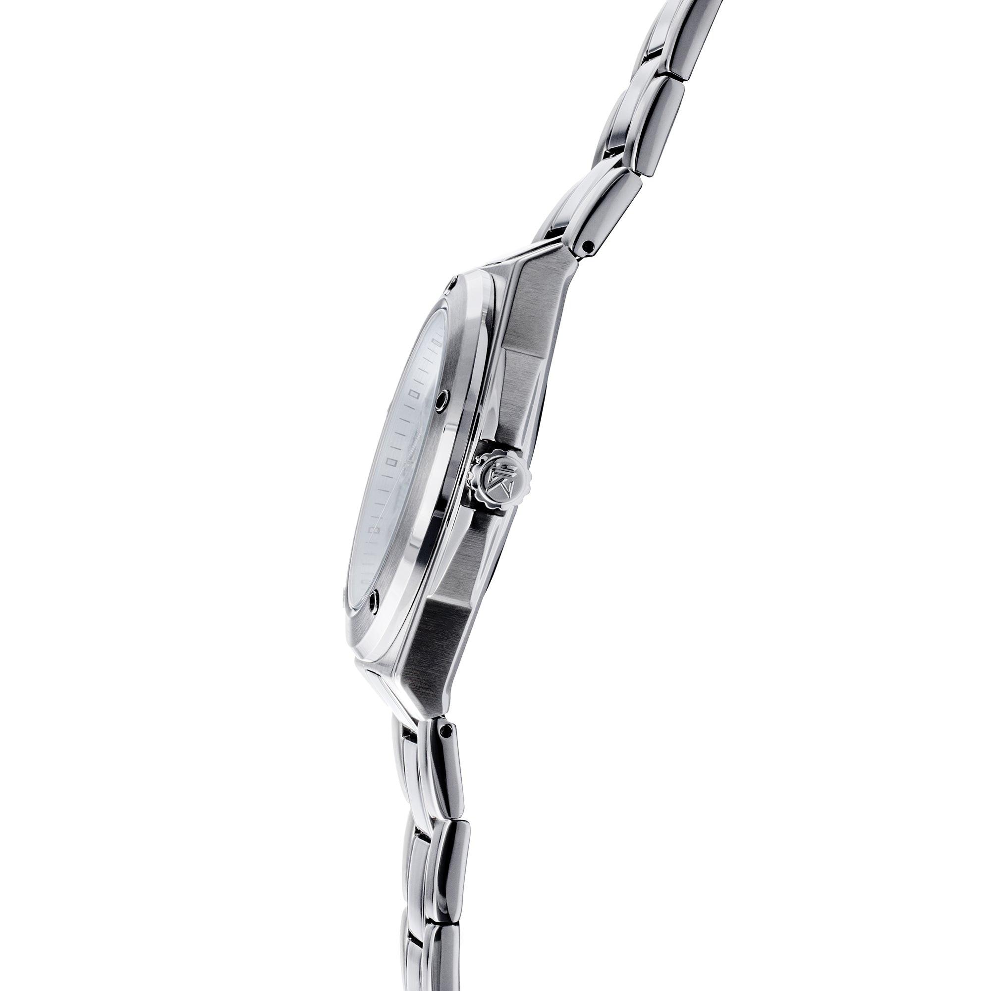 Pillarix watch with the stainless steel crown and strap with brand logo are displayed on the side.