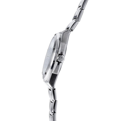 Pillarix watch with the stainless steel crown and strap with brand logo are displayed on the side.