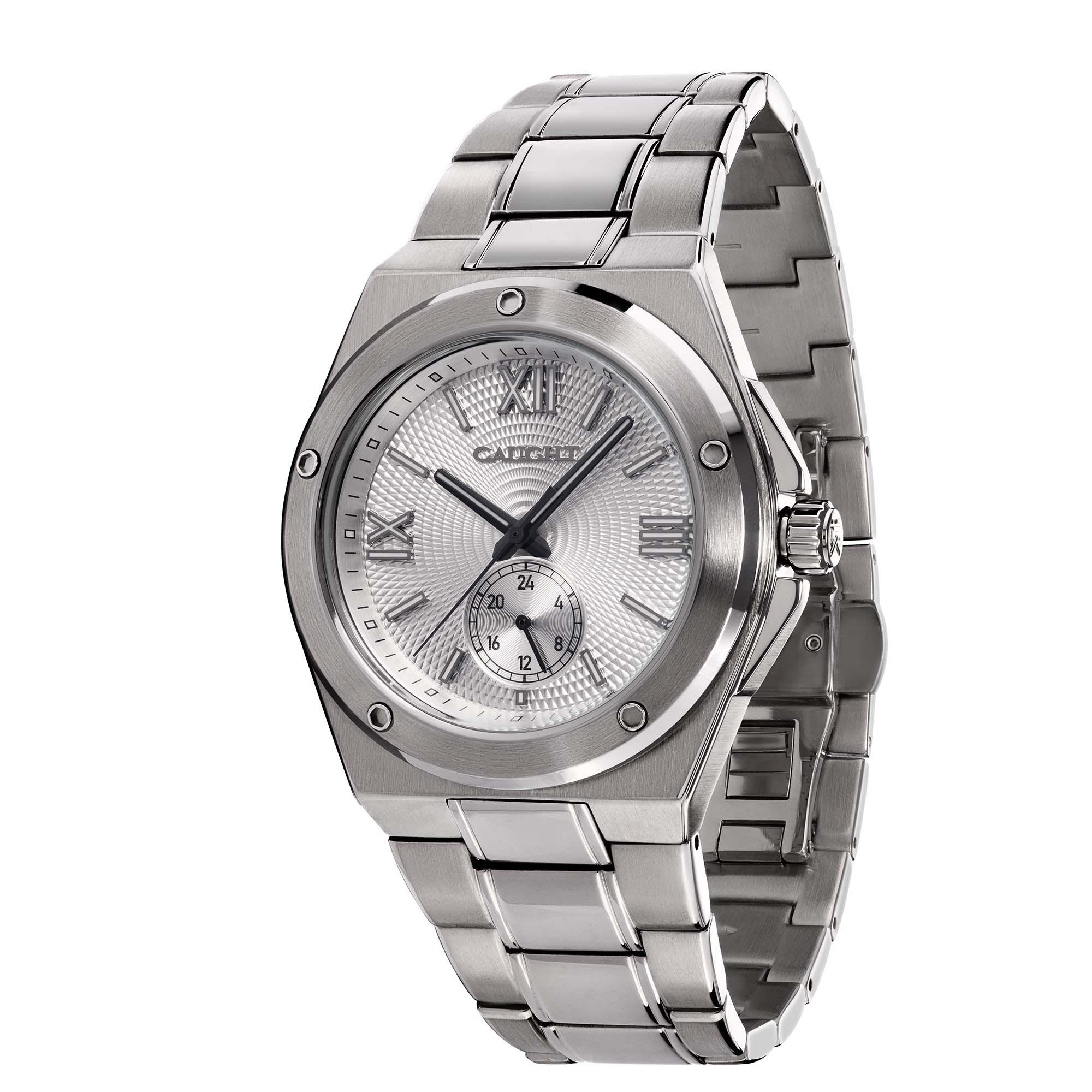 Pillarix Watch-White guilloché pattern Dial, – Built-in sub-dial, stainless steel luxury men's watch.