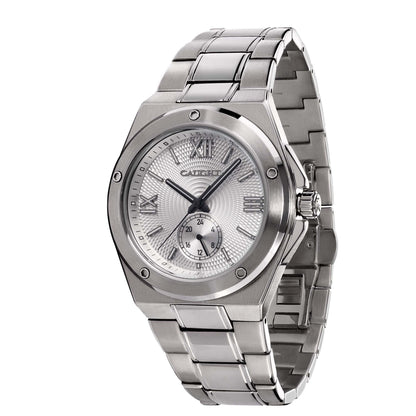 Pillarix Watch-White guilloché pattern Dial, – Built-in sub-dial, stainless steel luxury men's watch.