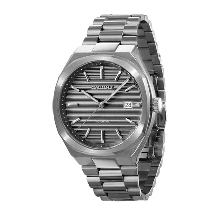 Epoch Watch-men's steel wristwatch showing Cool Grey cigar ridged dial and brushed case design